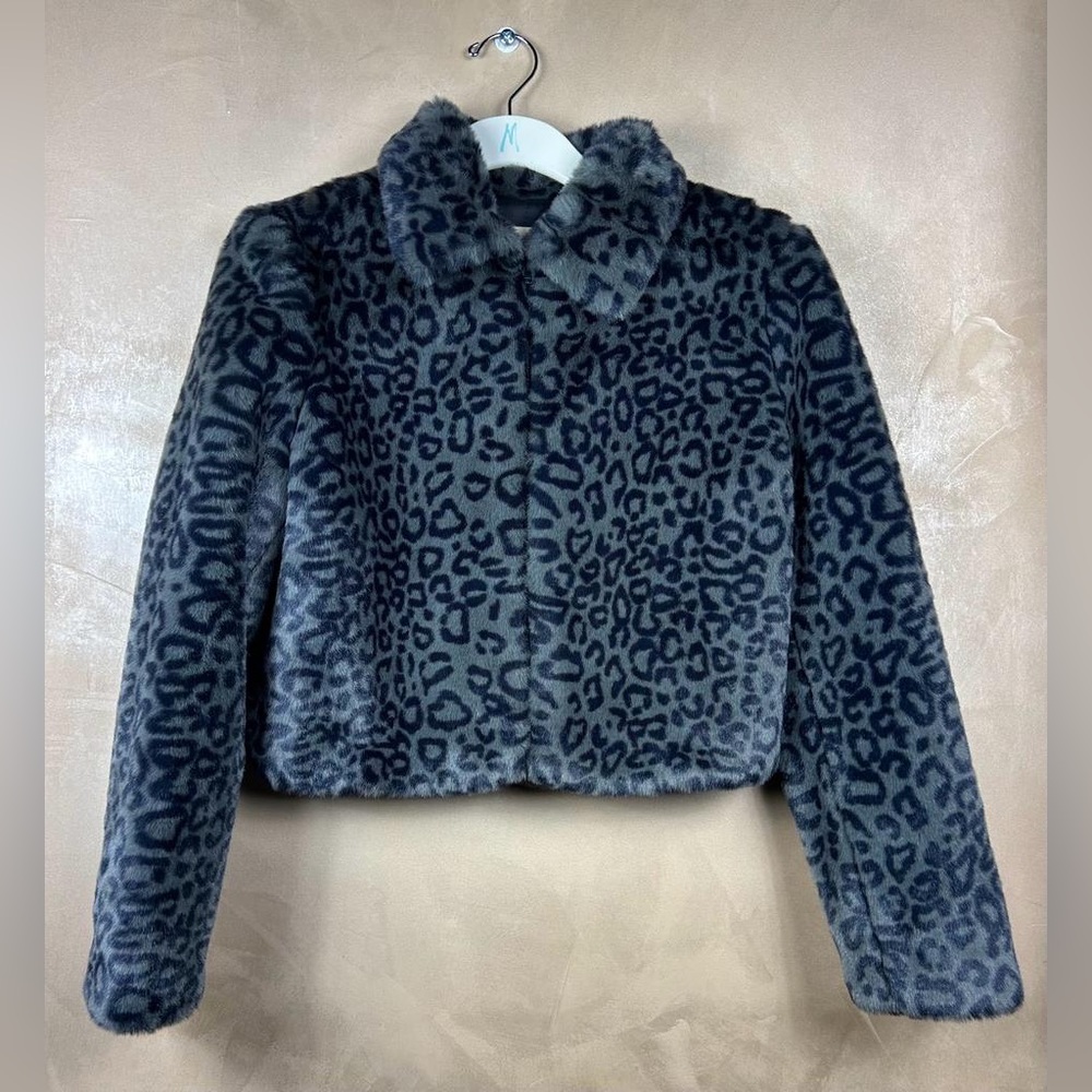 Cache Coat Women medium Black grey Leopard Faux Fur Warm Winter Designer Short